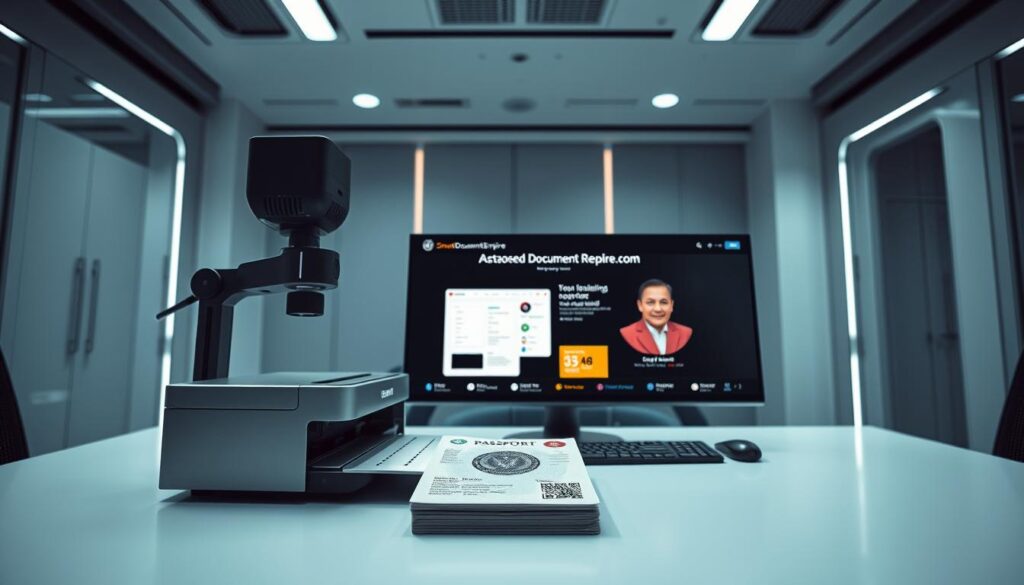 A high-tech office scene with a focus on a modern document processing workstation. In the foreground, a sleek laser printer effortlessly producing a new digital passport, the pages emerging with precision. Beside it, a high-resolution camera captures every detail, ensuring secure verification. In the middle ground, a minimalist desk hosts a state-of-the-art computer screen displaying the SmartDocumentsEmpire.com web interface, showcasing its streamlined online passport replacement service. The background features a clean, futuristic interior with subtle accent lighting, conveying a sense of technological sophistication and reliability. The overall atmosphere exudes efficiency, security, and the seamless integration of advanced document processing solutions. A high-tech office scene with a focus on a modern document processing workstation. In the foreground, a sleek laser printer effortlessly producing a new digital passport, the pages emerging with precision. Beside it, a high-resolution camera captures every detail, ensuring secure verification. In the middle ground, a minimalist desk hosts a state-of-the-art computer screen displaying the SmartDocumentsEmpire.com web interface, showcasing its streamlined online passport replacement service. The background features a clean, futuristic interior with subtle accent lighting, conveying a sense of technological sophistication and reliability. The overall atmosphere exudes efficiency, security, and the seamless integration of advanced document processing solutions.
