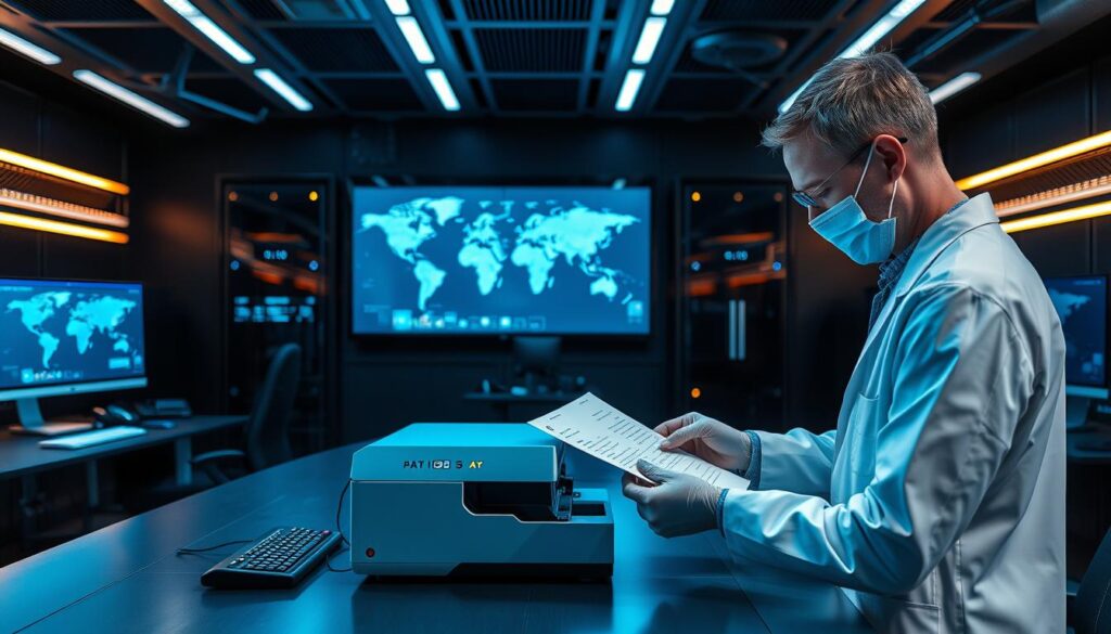 A high-tech office setting with sleek, modern workstations and a large central server rack. A technician in a clean lab coat is carefully handling a document, using a high-precision laser printer to add discreet markings. The room is bathed in a cool, blue-tinted lighting, creating a sense of professionalism and technology. In the background, a world map is displayed on a large monitor, hinting at the global reach of the shipping services. The overall atmosphere conveys a sense of efficiency, discretion, and cutting-edge capabilities.