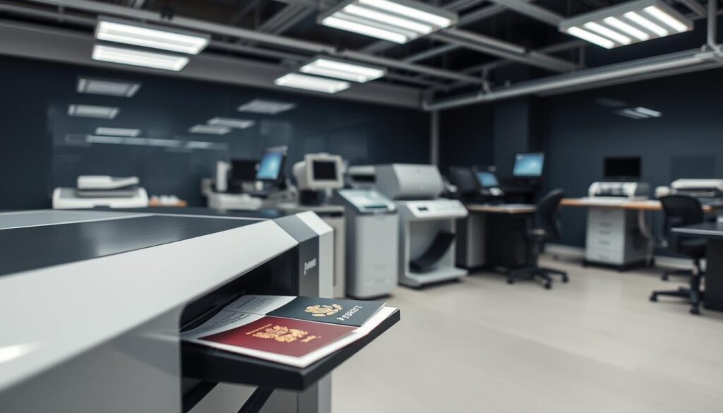 A high-tech office space showcasing comprehensive document services. In the foreground, a state-of-the-art laser printer meticulously produces a crisp, detailed passport. The middle ground features a range of specialized equipment - scanners, laminators, and advanced imaging systems - seamlessly integrated to handle diverse document processing needs. The background subtly hints at a modern, minimalist aesthetic with clean lines and muted tones, creating a professional, efficient atmosphere. Soft, directional lighting accentuates the precision and capabilities of this comprehensive document services hub.