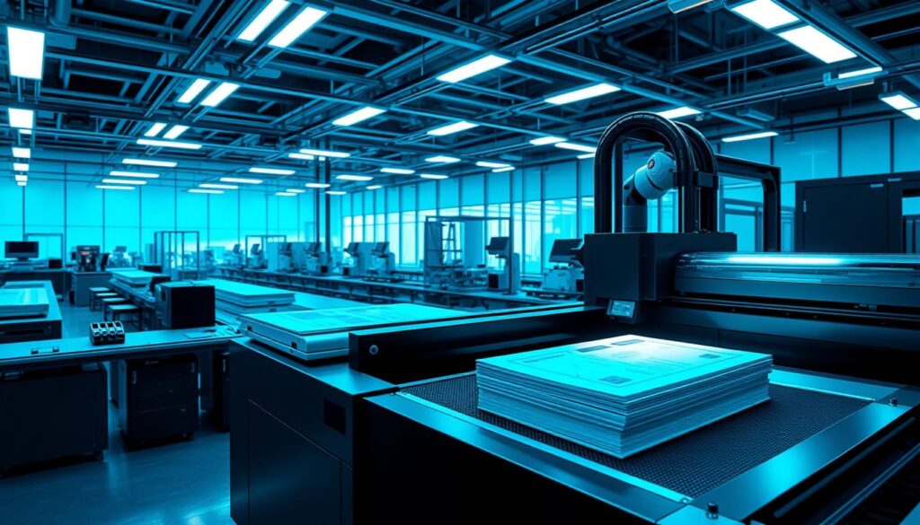 A high-tech printing facility, bathed in a vibrant blue-green glow. In the foreground, a state-of-the-art laser printer rapidly churns out a stack of crisp, freshly minted documents. The middle ground reveals a pristine, futuristic workspace filled with an array of precision equipment, conveyor belts, and robotic arms effortlessly handling the materials. In the background, a sleek, minimalist facade with sweeping glass panels hints at the facility's cutting-edge capabilities. The overall atmosphere exudes a sense of efficiency, speed, and technological sophistication, perfectly capturing the essence of "fast delivery" for novelty items.