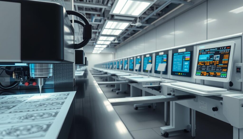 A high-tech processing timeline depicting the precision workflow of document printing and authentication. In the foreground, a state-of-the-art laser printer meticulously etches intricate patterns onto official documents. The middle ground showcases a series of authentication checkpoints, with advanced scanning devices and holographic verifiers ensuring the integrity of each piece. In the background, a sleek, minimalist control panel oversees the entire process, its digital readouts and touch interfaces conveying a sense of cutting-edge technology. Bright, clean lighting illuminates the scene, creating a professional, efficient atmosphere. The overall impression is one of a sophisticated, seamless document processing system that delivers reliable, secure results.