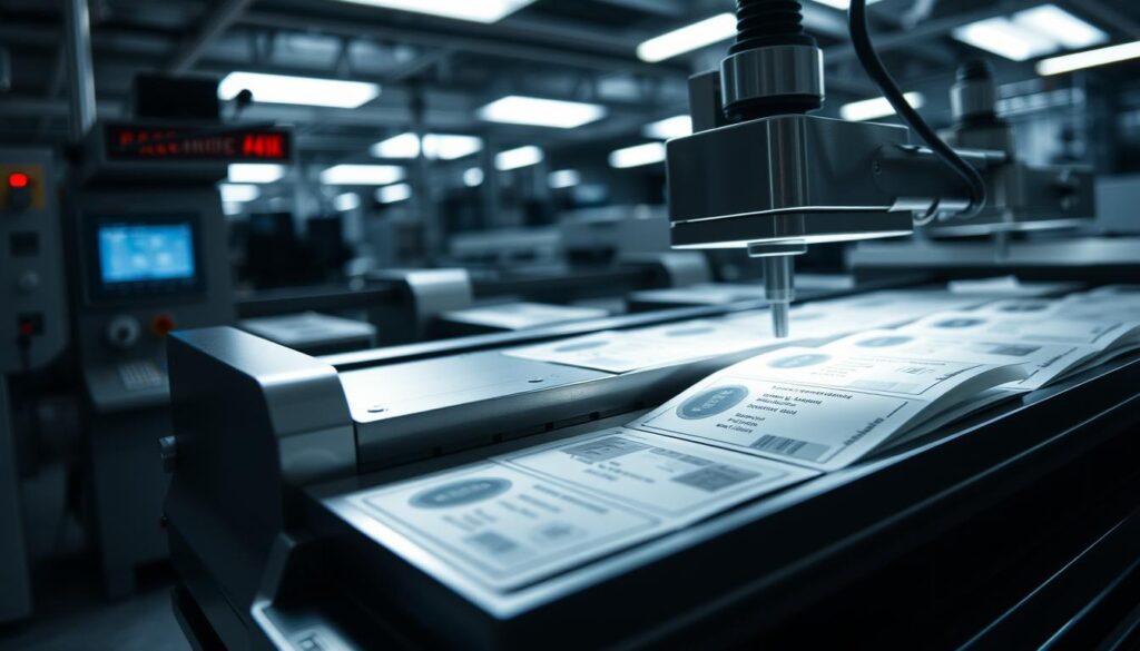 A high-tech production facility, dimly lit and sterile, with an array of state-of-the-art printing equipment. In the foreground, a sleek, silver machine precisely etches details onto a series of crisp, official-looking documents - passports, ID cards, and licenses. The illumination from the machine casts a soft, technical glow, while the background is shrouded in shadows, hinting at the careful, meticulous process behind the creation of these legal identification documents. The image conveys a sense of efficiency, security, and attention to detail, capturing the essence of an alternative to in-person government office visits.