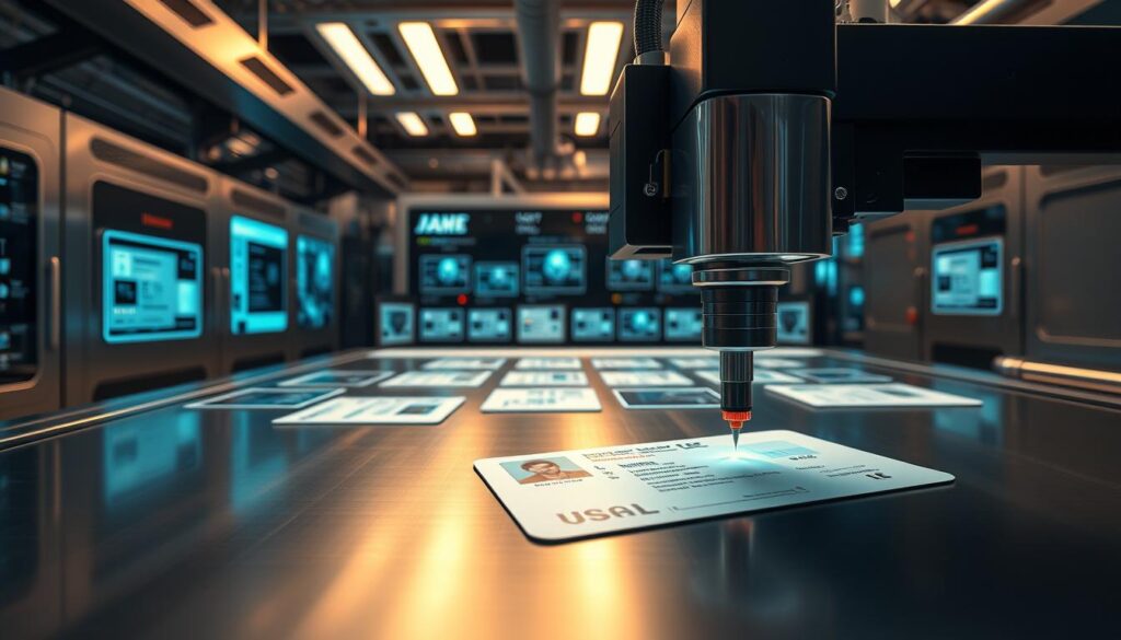 A high-tech production facility, with sleek metallic surfaces and state-of-the-art machinery. In the foreground, a laser printer meticulously etches intricate patterns onto a blank ID card, creating a visually stunning and secure document. The middle ground showcases various ID card templates, each with unique designs and security features. The background is a blend of futuristic displays and holographic projections, evoking a sense of advanced technology and precision. Soft, diffused lighting casts a warm glow, highlighting the advanced process of creating real ID cards for diverse nationalities.