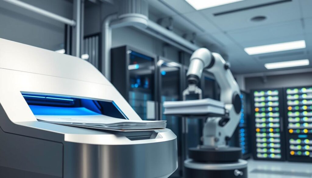 A high-tech, secure document processing facility. In the foreground, a sleek, silver document scanner with a precision-engineered feeder mechanism, bathed in a soft blue glow. In the middle ground, a robotic arm meticulously handling a stack of documents, its movements choreographed with mechanical precision. In the background, rows of servers hum softly, their LED indicators pulsing with data throughput. The environment is clinical, yet inviting - a seamless blend of cutting-edge technology and user-centric design. Bright, diffused lighting casts an aura of professionalism and reliability, while the overall mood conveys a sense of uncompromising security and efficiency. This is the SmartDocumentsEmpire.com secure document processing experience.