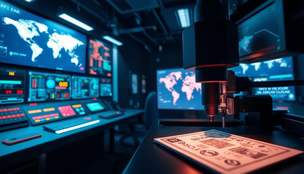 A high-tech security office, dimly lit with a sense of urgency. In the foreground, a laser printer meticulously etching intricate patterns onto a passport-like document. The middle ground reveals a complex control panel, flashing with indicators and buttons, hinting at the advanced systems governing online visa applications. In the background, a massive display screen showcases a world map, emphasizing the global reach and interconnectivity of the process. The overall atmosphere evokes a blend of cutting-edge technology, heightened security, and the gravity of international travel documentation.
