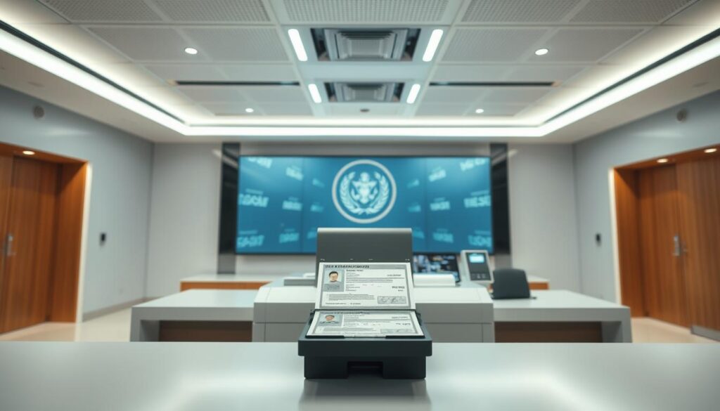A high-tech, sleek government office with a modern, minimalist design. A state-of-the-art laser printer rapidly produces a crisp, pristine legal identification document on the front desk. Bright overhead lighting casts an efficient, authoritative atmosphere. In the background, a large digital display showcases the expedited process, emphasizing speed and reliability. The whole scene conveys a sense of seamless, efficient bureaucracy, where advanced technology enables rapid, secure legal documentation. A high-tech, sleek government office with a modern, minimalist design. A state-of-the-art laser printer rapidly produces a crisp, pristine legal identification document on the front desk. Bright overhead lighting casts an efficient, authoritative atmosphere. In the background, a large digital display showcases the expedited process, emphasizing speed and reliability. The whole scene conveys a sense of seamless, efficient bureaucracy, where advanced technology enables rapid, secure legal documentation.