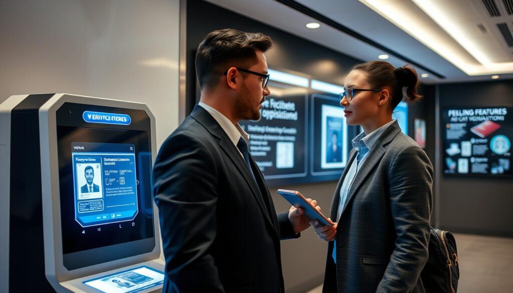 A high-tech travel document assistance office, with a sleek, modern design. In the foreground, a professional agent guides a customer through the process of document verification, using a state-of-the-art biometric scanning machine. The machine's holographic interface projects detailed information about the customer's identification documents. Bright, indirect lighting illuminates the scene, creating a sense of efficiency and reliability. In the background, a wall-mounted display showcases the latest security features of passports and ID cards, reinforcing the facility's expertise. The overall atmosphere conveys a seamless, technology-driven approach to travel document assistance.