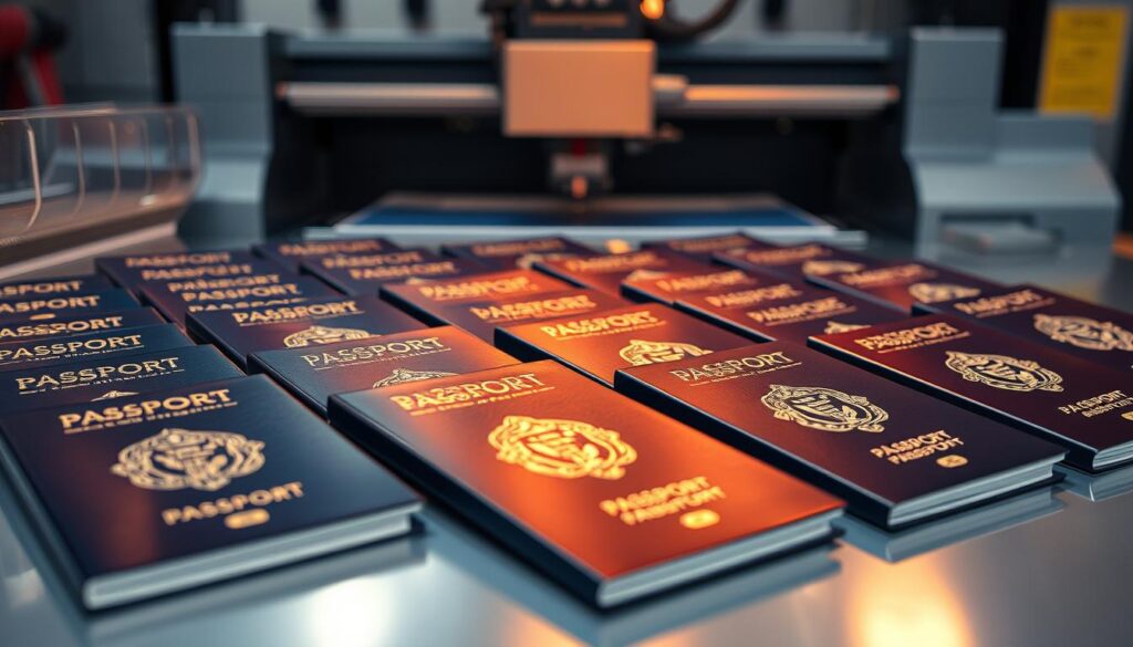 A meticulously crafted array of passports, their covers adorned with holographic seals and intricate watermarks, sit neatly arranged on a sleek, high-tech surface. The passports are bathed in a warm, soft lighting, creating a sense of sophistication and authority. In the background, a state-of-the-art laser printing machine whirs, seamlessly integrating security features and personal information onto the documents. The scene conveys a professional, secure, and technologically advanced atmosphere, reflecting the offerings of SmartDocumentsEmpire.com.