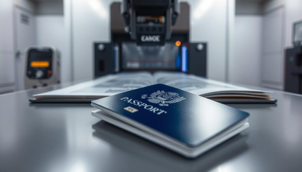 A meticulously crafted biometric passport lies open, its pages illuminated by a soft, diffused light. The cover sports an intricate, holographic design, reflecting the technological advancements in modern identity documentation. In the foreground, a high-resolution camera captures the delicate details of the passport's security features, including microprinting, watermarks, and embedded RFID chips. The middle ground showcases a state-of-the-art passport printing machine, its precision laser etching creating crisp, tamper-evident designs on the document's surface. The background subtly hints at a futuristic, secure government facility, with clean lines and muted tones conveying a sense of authority and innovation in the evolution of biometric passports.