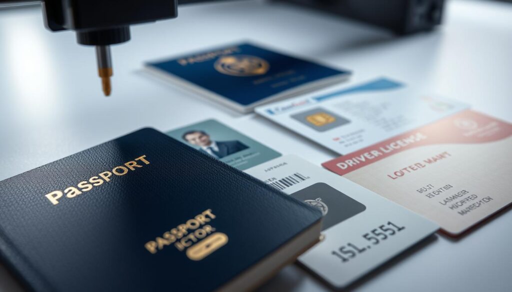 A meticulously designed array of identification documents, including a high-quality passport, ID card, and driver's license, illuminated by soft, directional lighting. The crisp, clean textures and subtle reflections evoke a sense of professionalism and security. In the foreground, an advanced laser printing system precisely embosses and personalizes each document, capturing the nuances of modern identification technology. The mid-ground showcases the intricate security features, such as watermarks, holograms, and microprinting, while the background maintains a minimalist, studio-like ambiance, emphasizing the importance of these vital identification tools.