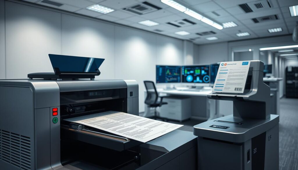A meticulously designed document processing station, bathed in cool, technical lighting. In the foreground, a high-tech laser printer effortlessly embossing sensitive documents, its precision-engineered mechanisms at work. Displayed alongside, a sleek ID card scanner, its sensors poised to verify identities with unwavering accuracy. In the middle ground, a modern workstation with multiple screens displaying complex data analytics, guiding the secure processing of critical paperwork. The background reveals a minimalist, state-of-the-art office environment, conveying an atmosphere of professionalism and unwavering attention to detail.