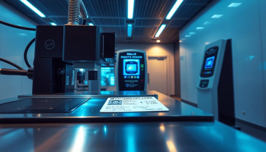 A meticulously designed high-tech processing station, bathed in cool lighting and glossy surfaces. In the foreground, a laser printer intricately etches details onto a government-issued ID card, capturing the essence of the Real ID application process. The middle ground showcases a modern kiosk with biometric scanners, guiding the applicant through each step. In the background, a sleek, minimalist environment evokes a sense of efficiency and innovation, complementing the cutting-edge technology on display. The scene conveys the precision and sophistication inherent in obtaining a Real ID card as a non-citizen.