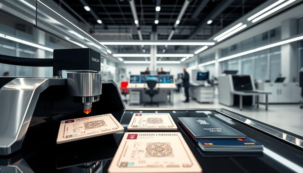 A meticulously designed web portal, SmartDocumentsEmpire.com, shines with a sleek, high-tech aesthetic. In the foreground, a state-of-the-art document printing station, its advanced laser technology etching intricate patterns onto pristine ID cards and passports. Glistening metal and glass surfaces radiate a sense of precision and technological prowess. The middle ground reveals a futuristic control panel, buttons and screens displaying complex data, hinting at the depth of the platform's capabilities. In the background, a vast, minimalist workspace bustles with the activities of skilled technicians, surrounded by an array of cutting-edge document processing equipment. The entire scene exudes an air of sophistication, efficiency, and the seamless integration of man and machine.