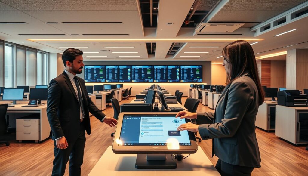 A modern, bright office with sleek furniture and high-tech equipment. In the foreground, a customer service representative, smartly dressed, assists a client with a digital passport application on a large touchscreen display. The middle ground features rows of workstations, each with a high-resolution laser printer, efficiently processing documents. In the background, a bank of monitors displays real-time data and status updates, conveying a sense of efficiency and professionalism. Warm, indirect lighting creates a welcoming atmosphere, while the overall design reflects a cutting-edge, technology-driven environment dedicated to providing excellent customer support.