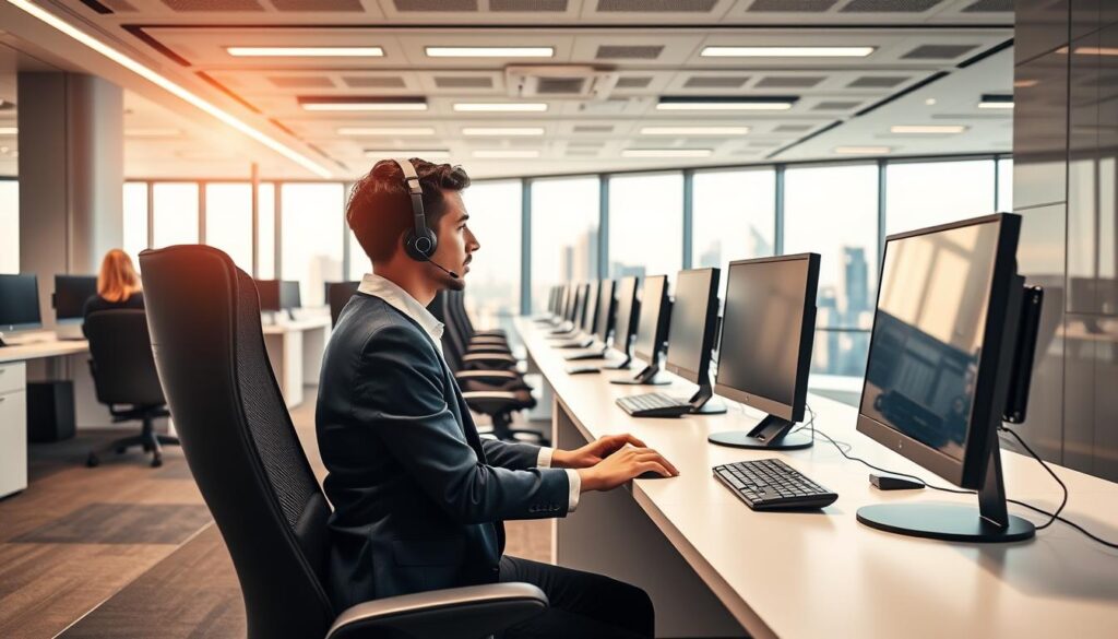A modern customer service office with a sleek, high-tech aesthetic. In the foreground, a professional customer service agent in a smart casual outfit assists a client at a minimalist desk, using a cutting-edge computer monitor and keyboard. The middle ground features rows of similar workstations, each equipped with advanced technological tools like laser printers, scanners, and high-speed internet connections. The background showcases a panoramic view of the cityscape through floor-to-ceiling windows, bathed in warm, natural lighting. The overall atmosphere conveys efficiency, responsiveness, and a commitment to providing exceptional customer support.