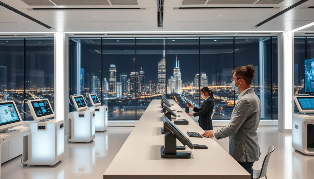 A modern customer service office with a sleek, high-tech atmosphere. In the foreground, a customer service representative assists a client at a minimalist desk, using a cutting-edge touchscreen display. Behind them, a row of service terminals with holographic projections and robotic document scanners. The middle ground features a sophisticated queue management system with digital displays and integrated biometric identification. In the background, a panoramic window overlooks a futuristic cityscape, bathed in cool, diffused lighting that creates a sense of efficiency and professionalism.