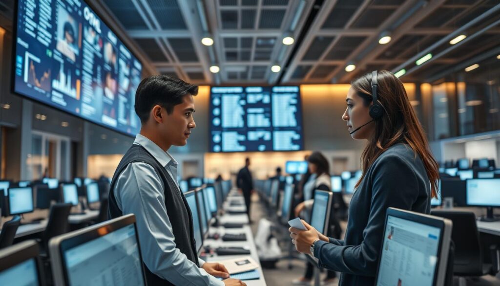 A modern customer support office, illuminated by warm overhead lighting and filled with cutting-edge technology. In the foreground, a person in a crisp, professional attire assists a customer, guiding them through the process of laser-printing important travel documents like passports and IDs. The middle ground showcases rows of sleek, state-of-the-art workstations, each equipped with high-resolution monitors and advanced software. In the background, a vast wall-mounted display showcases real-time data and information, reflecting the efficient and technologically-driven nature of the support service. The atmosphere is one of calm professionalism, with a subtle hum of activity and a sense of seamless assistance.