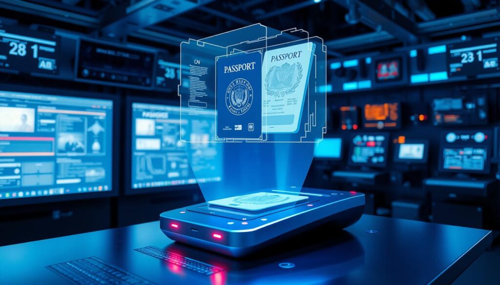 A modern digital verification station, bathed in cool blue tones. In the foreground, a sleek, futuristic device resembling a passport scanner, its surface adorned with an array of sensors and indicator lights. Hovering above it, a holographic display projects detailed information about a passport, its pages turning with a fluid motion. The background showcases a high-tech control panel, adorned with touchscreens and an array of sophisticated monitoring equipment, all bathed in a soft, ambient glow. The scene conveys a sense of efficiency, security, and the seamless integration of technology in the verification process.