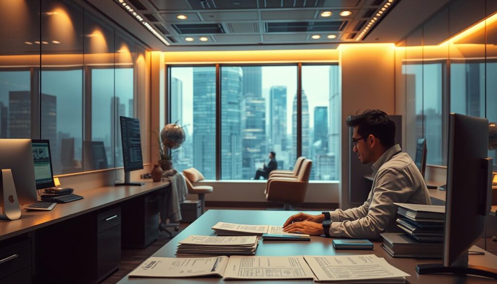 A modern, high-tech administrative office with sleek, minimalist furniture and state-of-the-art computer equipment. In the foreground, a person seated at a desk, deep in concentration as they navigate a software interface to complete the NIE application process. Warm, diffused lighting illuminates the scene, creating a professional yet approachable atmosphere. The middle ground showcases a series of organized documents and forms, reflecting the systematic nature of the NIE application. In the background, a window provides a glimpse of the bustling city outside, underscoring the efficiency and integration of this digital government service.