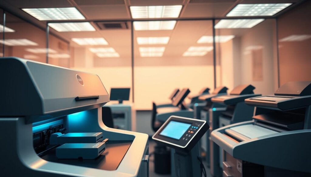 A modern, high-tech document services office, flooded with warm, indirect lighting. In the foreground, a gleaming laser printer effortlessly produces crisp, professional-grade documents. The mid-ground features a sleek, touchscreen control panel, allowing for seamless digital document management. In the background, a row of compact, specialized machines - scanners, laminators, and embossers - stand ready to handle any document need. The atmosphere is one of efficiency, precision, and technological sophistication, perfectly suited to support the legal and administrative requirements of green card processing. A modern, high-tech document services office, flooded with warm, indirect lighting. In the foreground, a gleaming laser printer effortlessly produces crisp, professional-grade documents. The mid-ground features a sleek, touchscreen control panel, allowing for seamless digital document management. In the background, a row of compact, specialized machines - scanners, laminators, and embossers - stand ready to handle any document need. The atmosphere is one of efficiency, precision, and technological sophistication, perfectly suited to support the legal and administrative requirements of green card processing.