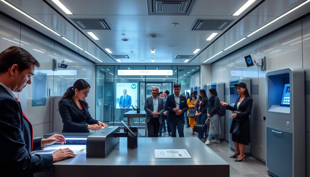 A modern, high-tech passport services office with sleek, minimalist decor. The foreground features a central desk with a laser engraving machine, where officials meticulously produce official travel documents. In the middle ground, applicants wait patiently, their faces illuminated by the bright, clinical lighting. The background showcases cutting-edge security measures, including fingerprint scanners and facial recognition cameras. The atmosphere conveys efficiency, precision, and the importance of secure identification in an increasingly globalized world.