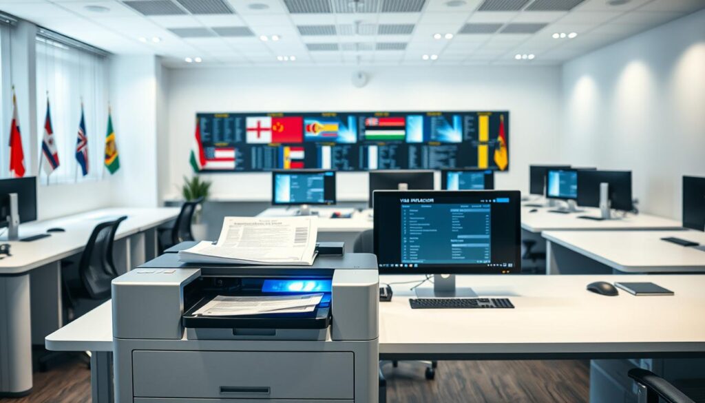 A modern, minimalist office interior with sleek white desks and high-tech equipment. In the foreground, a laser printer rapidly producing official-looking documents, the light glinting off the metal casing. Behind it, a series of computer monitors displaying visa application forms and databases. The walls are adorned with flags from various countries, hinting at the global nature of the visa services. Bright, indirect lighting casts a professional, efficient atmosphere. The overall scene conveys the efficiency and technological sophistication of a specialized visa processing center.