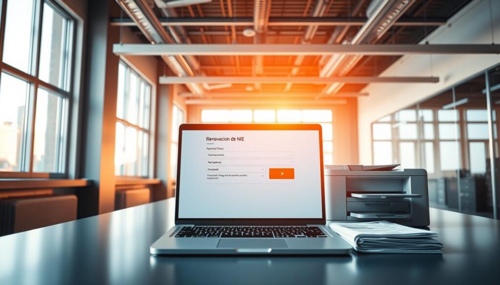 A modern office interior, bathed in warm, natural light filtering through large windows. In the foreground, a desk displays a laptop displaying the "Renovación de NIE" process, its screen reflecting the user's focused gaze. On the desk, various official documents and a sleek, state-of-the-art printer stand ready to handle the administrative tasks. The background showcases a minimalist, high-tech aesthetic, with clean lines and a sense of efficiency. The overall atmosphere conveys a seamless, technology-driven experience for renewing one's Foreigner Identification Number in Spain.