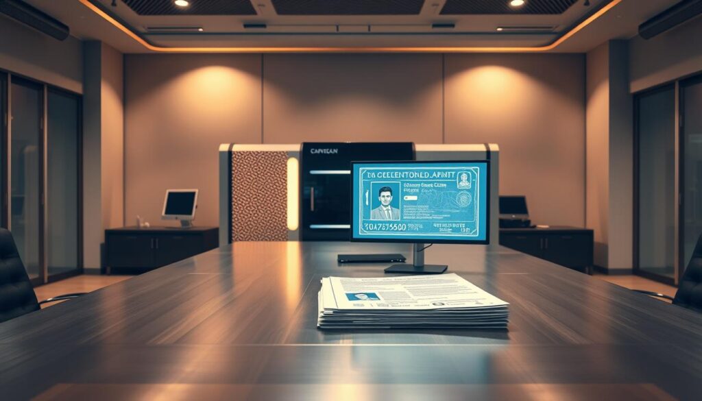 A modern office interior with a large, sleek desk at the center. Behind the desk, a state-of-the-art document printing machine with a laser-etched holographic pattern, emitting a soft glow. On the desk, a high-resolution monitor displays a digital blueprint of a government-issued ID card. Nearby, a stack of crisp, freshly printed documents sits neatly organized. The lighting is warm and professional, casting a subtle sheen on the brushed metal surfaces. The overall atmosphere conveys a sense of precision, reliability, and cutting-edge technology - the perfect "trusted documentation partner." A modern office interior with a large, sleek desk at the center. Behind the desk, a state-of-the-art document printing machine with a laser-etched holographic pattern, emitting a soft glow. On the desk, a high-resolution monitor displays a digital blueprint of a government-issued ID card. Nearby, a stack of crisp, freshly printed documents sits neatly organized. The lighting is warm and professional, casting a subtle sheen on the brushed metal surfaces. The overall atmosphere conveys a sense of precision, reliability, and cutting-edge technology - the perfect "trusted documentation partner."