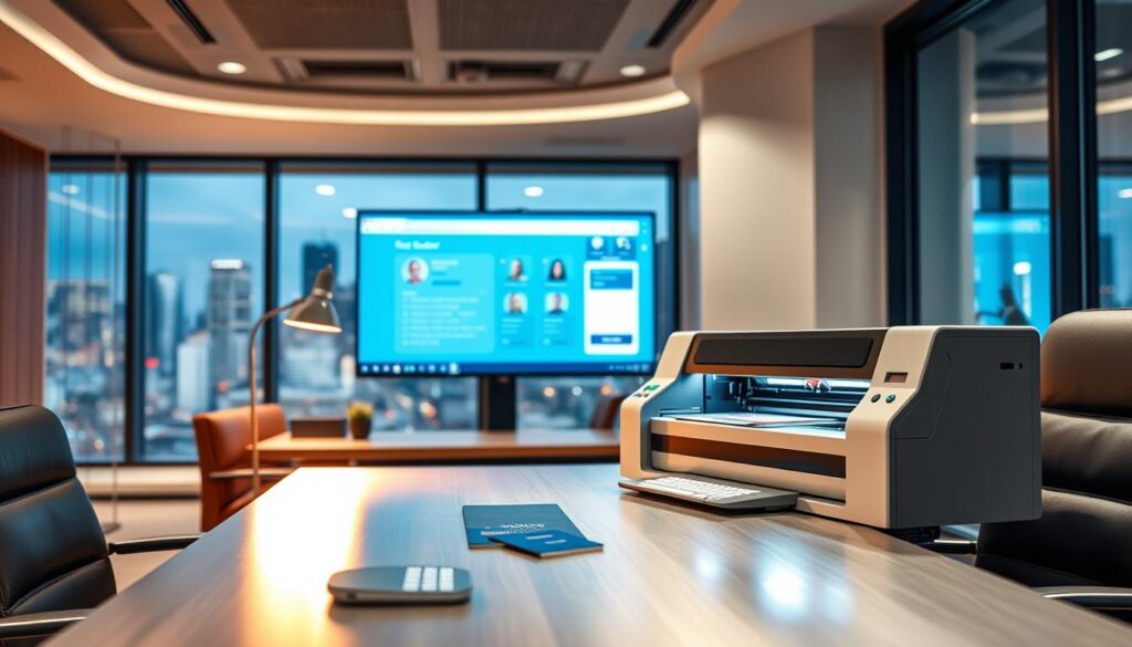 A modern office interior with a sleek and professional aesthetic. In the foreground, a polished metal desk with a state-of-the-art laser printing device, producing high-quality personalized documents such as passports and ID cards. The desk is complemented by a comfortable leather chair and a minimalist desk lamp providing warm, focused lighting. In the middle ground, a large flat-screen monitor displays a customer service interface, emphasizing the technological capabilities of the service provider. The background features floor-to-ceiling windows overlooking a vibrant cityscape, suggesting a cutting-edge, urban setting. The overall mood is one of efficiency, innovation, and a commitment to customer satisfaction.