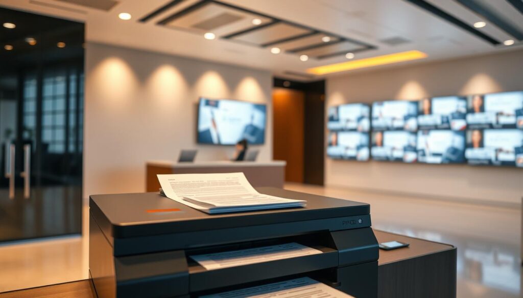 A modern office interior with a sleek, minimalist design. In the foreground, a high-tech document processing station with a state-of-the-art laser printer, rapidly producing official-looking documents. Warm, diffused lighting creates a professional atmosphere. In the middle ground, a concierge desk with a helpful staff member, guiding clients through the fast-tracked visa application process. The background features a wall of display screens, showcasing the efficiency and technological prowess of the visa assistance service.