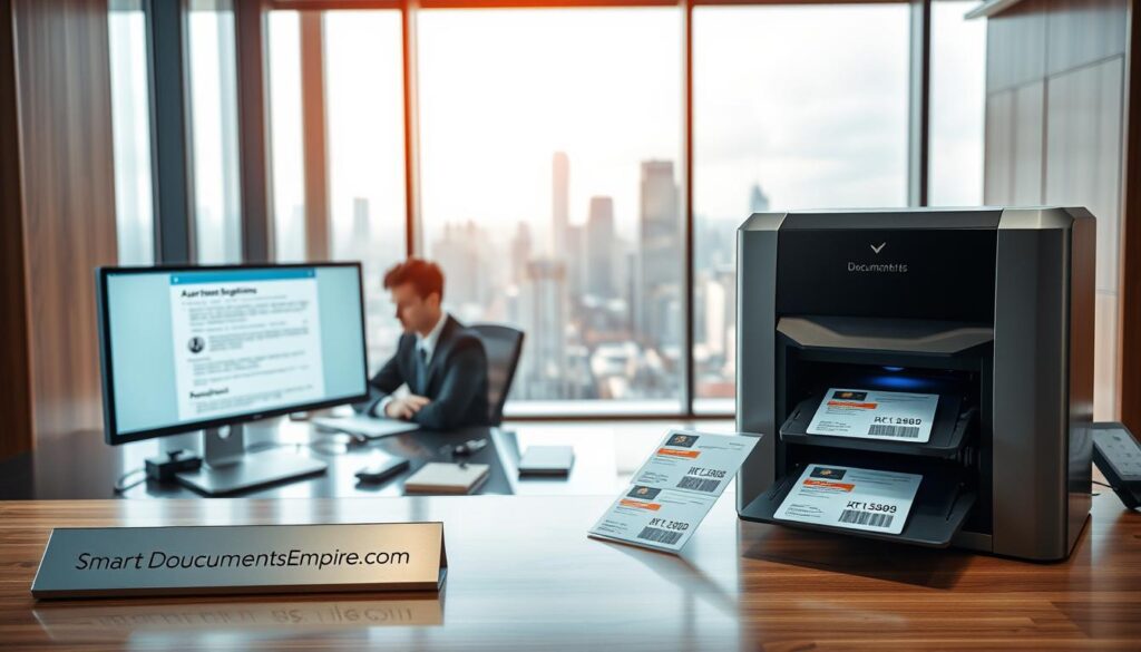A modern office interior with sleek, minimalist decor. In the foreground, a client sits at a desk, intently reviewing documents on a high-resolution computer display. The desk is adorned with a metal nameplate that reads "SmartDocumentsEmpire.com". In the middle ground, a state-of-the-art document printer whirs, laser-etching designs onto official-looking identification cards. The background features floor-to-ceiling windows, offering a panoramic view of a bustling city skyline. Warm, directional lighting casts a professional, productive atmosphere throughout the scene.