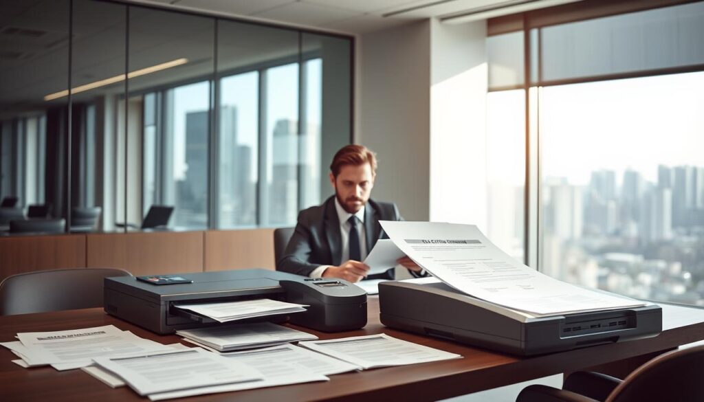 A modern office interior with sleek, minimalist furniture and a large window overlooking a cityscape. On the desk, an array of EU citizenship paperwork and documents are neatly organized, with a high-tech document scanner and laser printer in the foreground. A professional-looking person, dressed in business attire, is seated at the desk, intently reviewing the documents. The lighting is bright and clean, emphasizing the efficiency and expertise of the scene. The overall atmosphere conveys a sense of professionalism, technology, and attention to detail in the EU citizenship paperwork assistance process.