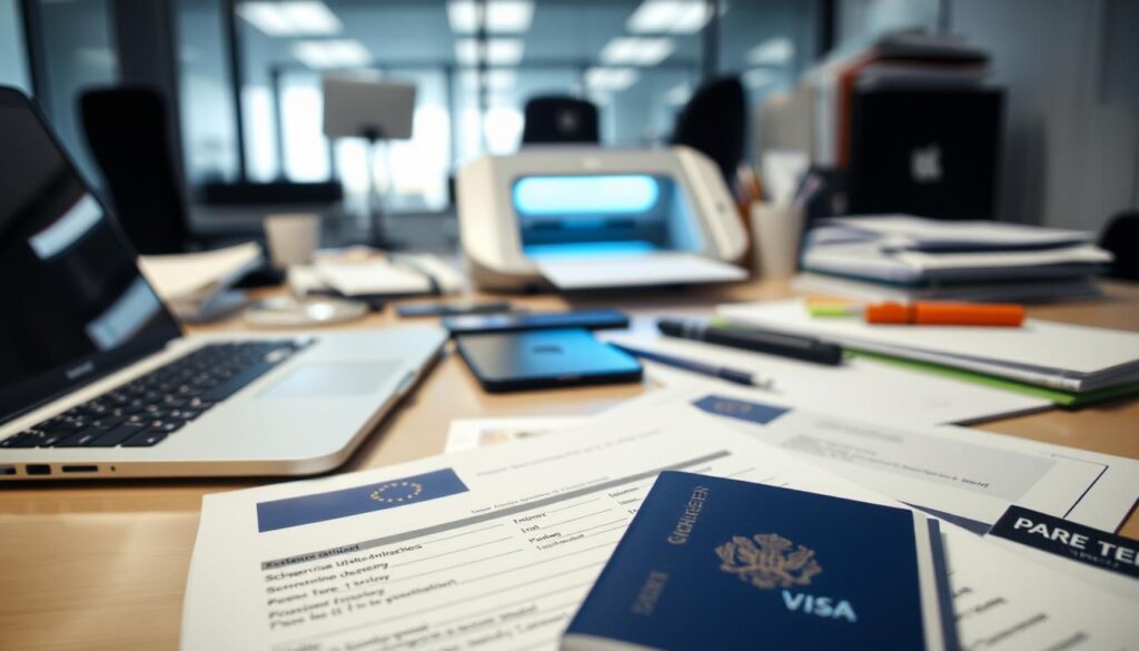 A modern office setting with a desk, laptop, and various office supplies. In the foreground, a Schengen visa application form lies open, with a passport and other documents nearby. In the background, a high-tech document scanner or printer is visible, emitting a soft glow. The lighting is crisp and professional, with a hint of tension in the atmosphere, reflecting the challenges of the visa application process. The scene conveys the sense of a complex, technology-driven bureaucratic system that applicants must navigate.