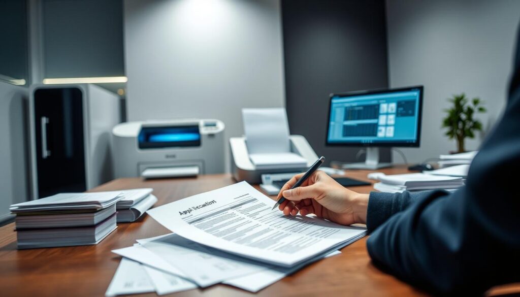 A modern office setting with a large desk, meticulously organized documents, and a state-of-the-art laser printer. In the foreground, a person's hands carefully filling out an application form, navigating the intricate process with precision. In the middle ground, a high-tech document scanner and a sleek computer monitor displaying relevant information. The background showcases a minimalist, well-lit environment with hints of technology, conveying a sense of efficiency and professionalism. The overall atmosphere is one of focus, attention to detail, and the seamless integration of human expertise and advanced technology in the document application process.