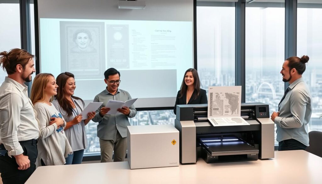 A modern office setting with a professional team celebrating client success stories. In the foreground, a group of smiling colleagues gathered around a large projection screen, examining detailed passport designs and documents. In the middle ground, a high-tech laser printer rapidly producing duplicate passports, its operation illuminated by sleek, minimalist lighting. The background features a panoramic cityscape, hinting at the global reach and technological prowess of the passport duplication service. The overall mood is one of efficiency, innovation, and customer satisfaction.