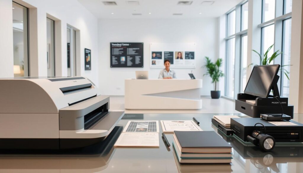 A modern, sleek document services office in a well-lit, minimalist space. In the foreground, a high-tech laser printer effortlessly processes official documents like passports and ID cards. Meticulously arranged on a glass-topped desk, an array of cutting-edge tools and equipment for secure document processing. In the middle ground, a professional receptionist greets clients at a streamlined counter, while behind them, a wall-mounted display showcases the range of specialized services offered. The background features floor-to-ceiling windows, allowing natural light to flood the room and create a sense of openness and efficiency. The overall atmosphere conveys a seamless, technology-driven approach to comprehensive document management.