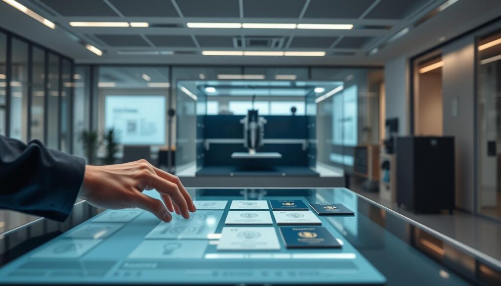 A modern, sleek office interior with a large, high-resolution display showcasing the process of ordering EU documents online. In the foreground, a person's hands are interacting with a smooth, touch-sensitive surface, navigating through a clean, intuitive interface. The middle ground features a high-tech, laser-etching machine carefully imprinting official seals and markings onto various documents, such as passports and ID cards. The background is filled with a sense of technological sophistication, with minimalist decor and subtle ambient lighting, creating an atmosphere of efficiency and professionalism.