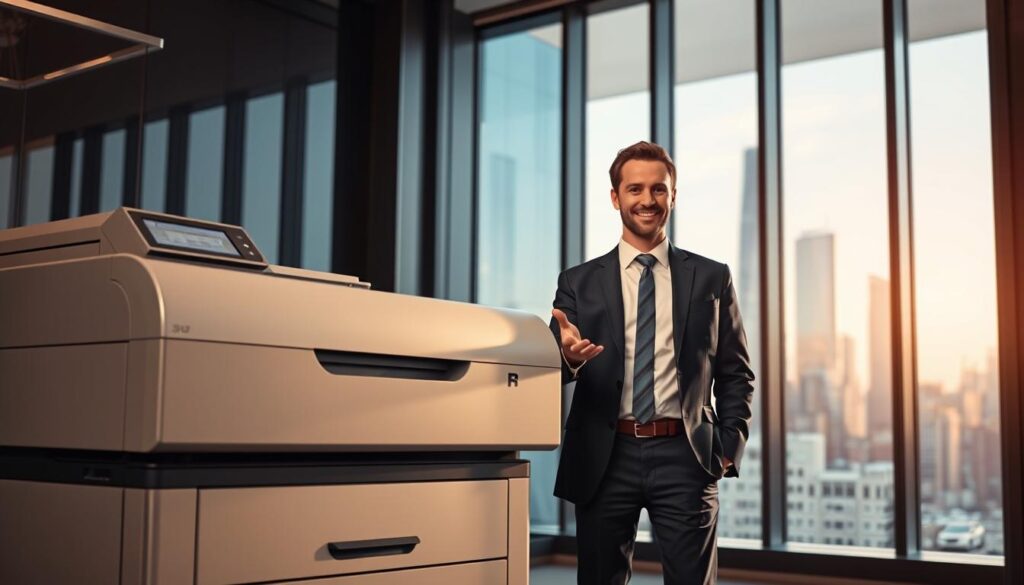 A modern, sleek office interior with a large, high-tech document printer in the foreground. The printer is meticulously detailed, showcasing advanced features like precise laser engraving and thermal lamination. In the middle ground, a business professional in a smart suit is standing next to the printer, gesturing towards it with an expression of pride and professionalism. The background features floor-to-ceiling windows overlooking a bustling cityscape, bathed in warm, natural lighting. The overall atmosphere conveys a sense of efficiency, innovation, and compliance in the world of legal document services.
