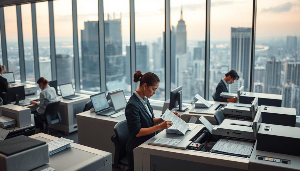 A modern, sleek office interior with an expansive glass wall overlooking a bustling cityscape. In the foreground, a team of professionals operates state-of-the-art document processing equipment, laser-printing and meticulously inspecting passports, IDs, and other official documents. The atmosphere is one of efficiency and precision, with a subtle hint of technology-driven innovation. Soft, directional lighting illuminates the scene, casting a warm glow on the various workstations. The overall composition conveys a sense of global connectivity and the reliable, high-quality services offered by this document assistance provider.