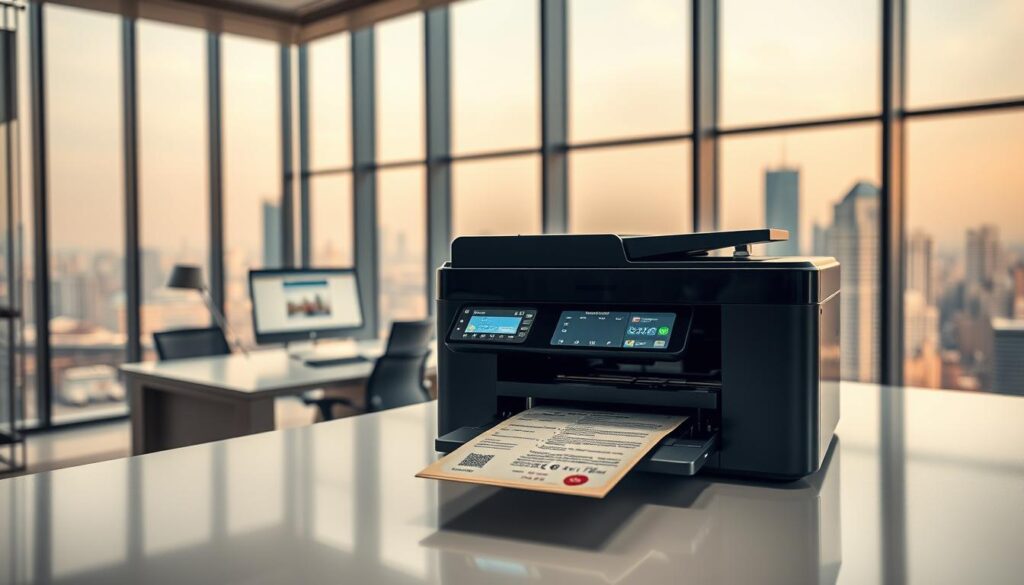 A modern, technologically-advanced office interior showcasing the services of SmartDocumentsEmpire.com. In the foreground, a high-tech laser printer expertly duplicating a crisp, authentic-looking passport. In the middle ground, a sleek, minimalist desk with a computer monitor displaying the company's website. The background features floor-to-ceiling windows overlooking a bustling city skyline, conveying a sense of professionalism and reliability. Warm, indirect lighting illuminates the scene, creating a sophisticated and trustworthy atmosphere. The overall composition emphasizes the company's cutting-edge document processing capabilities and their position as a trusted partner for all your document needs.