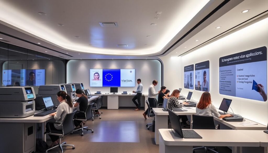 A modern, well-equipped Schengen visa application center. Sleek, futuristic interior with high-tech workstations. Efficient staff operating advanced biometric scanners, laser printers, and document authentication systems. Soft, diffused lighting creates a professional, seamless atmosphere. Applicants seated comfortably, guided through the visa process with ease. Displays showcase the benefits of using a reputable visa service - expedited processing, meticulous attention to detail, and comprehensive support. An atmosphere of reliability, security, and customer-centric service.