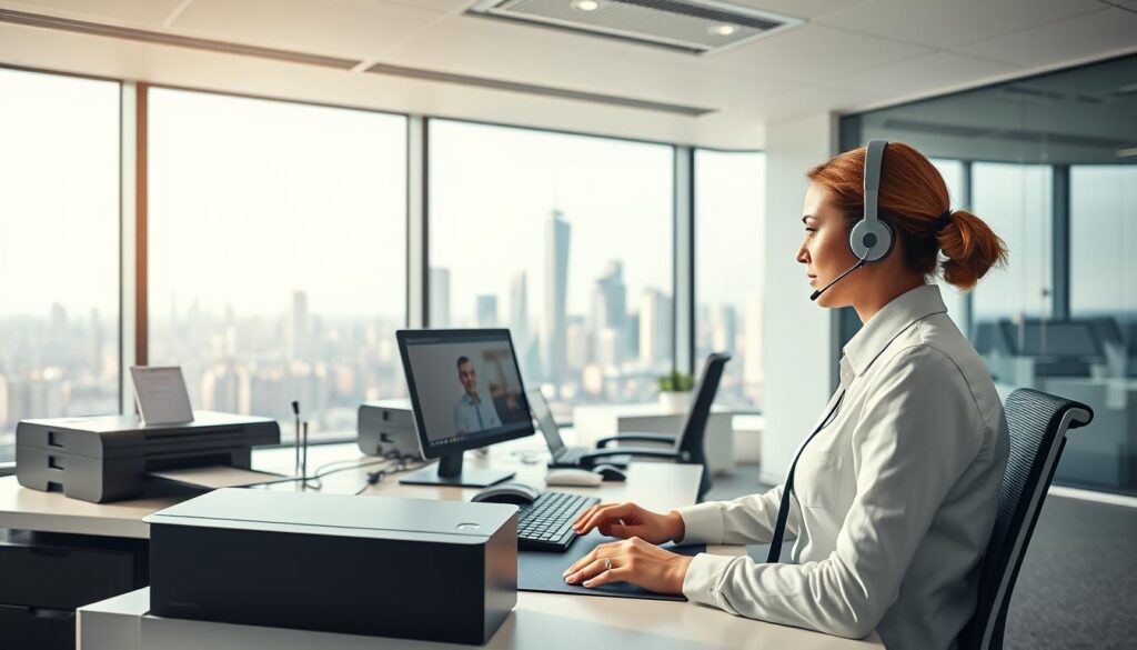 A modern, well-equipped customer support office with a sleek, minimalist design. In the foreground, a professional customer service agent in a crisp, tailored uniform sits at a clean, uncluttered desk, intently focused on assisting a client via a high-resolution video call. The middle ground features an array of state-of-the-art technology, including a laser printer rapidly producing personalized documents like passports and ID cards. The background showcases a panoramic view of a bustling, high-tech city skyline, conveying a sense of a comprehensive, 24/7 operation. Bright, indirect lighting casts a warm, welcoming glow over the scene, creating a professional yet approachable atmosphere.