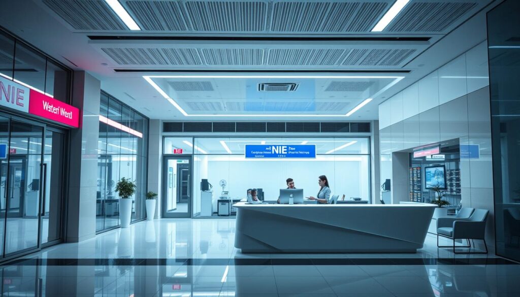 A modern, well-equipped government office, its sleek exterior accented by floor-to-ceiling windows and a minimalist design. Inside, a spacious, brightly lit lobby with clean lines and a touch of sophistication. At the information desk, a friendly staff member greets visitors, ready to guide them through the process of obtaining their NIE. The atmosphere exudes efficiency and professionalism, reflecting the seamless integration of technology to streamline the application experience. This image captures the essence of a cutting-edge, user-focused government service, where state-of-the-art systems and skilled personnel come together to provide a hassle-free NIE application process.