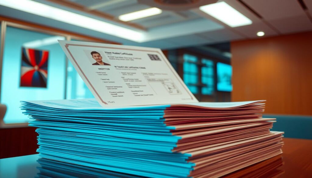 A neatly organized stack of official-looking documents, including a national identification certificate, an application form, and supporting paperwork, against a backdrop of modern, minimalist office decor. The lighting is crisp and clean, accentuating the sleek, high-tech aesthetic of the scene. The camera angle is slightly elevated, lending an air of authority and professionalism to the image. The overall atmosphere conveys a sense of efficiency and attention to detail, reflecting the technological prowess of the image generation process.
