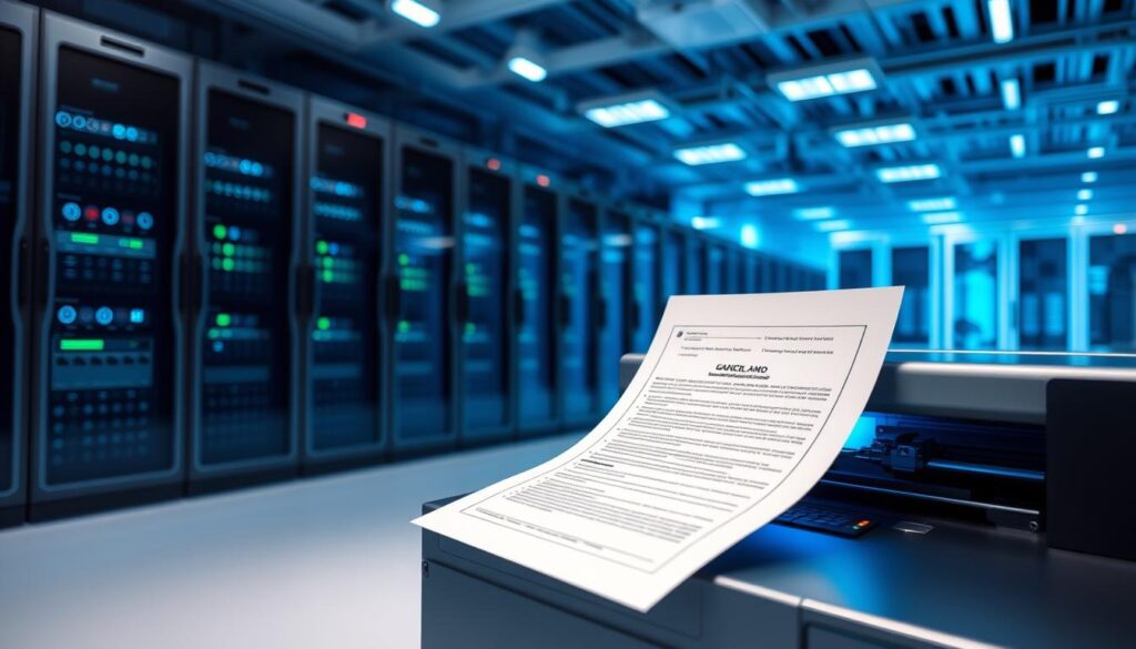 A pristine data center, bathed in a soft blue glow, with rows of sleek servers and state-of-the-art security systems. In the foreground, a high-tech laser printer meticulously inscribes sensitive information onto a government-issued document, ensuring the utmost protection and confidentiality. The scene exudes a sense of advanced technology, security, and professionalism, capturing the essence of the "Security and Confidentiality Guarantees" section.
