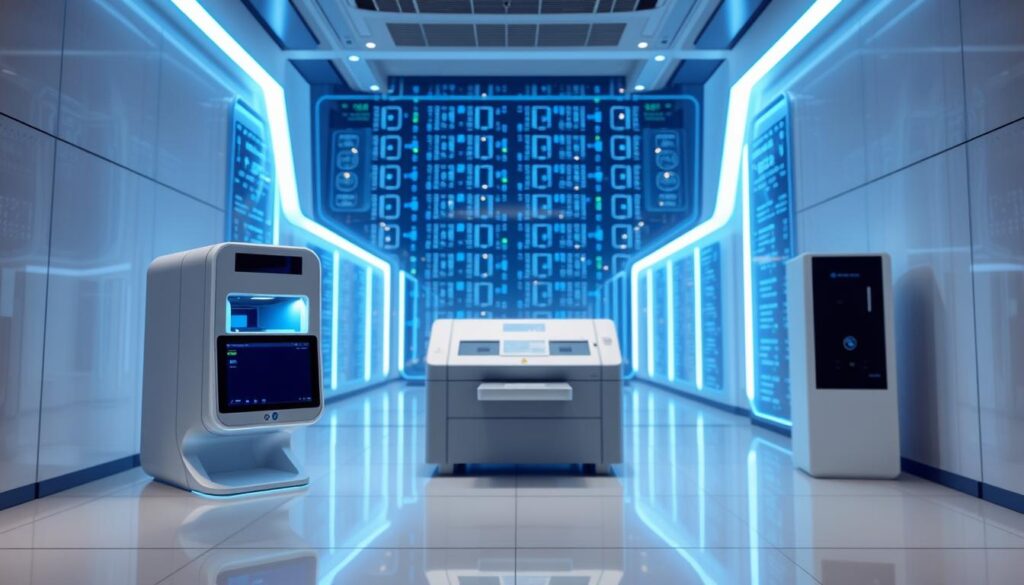 A pristine, futuristic biometric registration station with a sleek, minimalist design. In the foreground, a high-tech scanner and touchscreen interface, illuminated by cool, blue-tinted lighting. In the middle ground, a state-of-the-art document printer, capable of precisely laser-etching secure identification documents like passports and ID cards. The background features a neon-lit, databank-inspired architecture, conveying a sense of advanced technological integration and security. The overall atmosphere is one of precision, efficiency, and cutting-edge innovation in identity management.