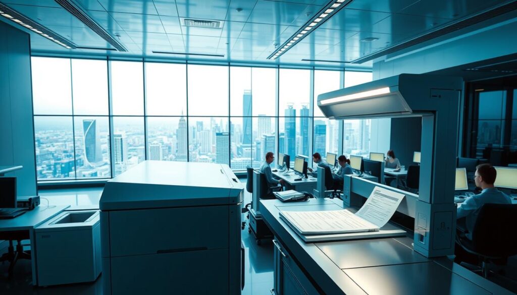 A pristine, futuristic office interior with sleek, metallic surfaces and a professional atmosphere. In the foreground, a high-tech document processing station with a sophisticated laser printer, meticulously scanning and printing secure identification documents. The middle ground features rows of workstations with employees diligently managing the documentation process, their faces illuminated by the glow of computer screens. In the background, a vast, expansive window reveals a stunning cityscape, conveying the sense of a cutting-edge, technologically advanced enterprise. The lighting is bright, crisp, and evenly distributed, lending an air of efficiency and precision to the scene. The overall mood is one of security, reliability, and technological prowess. A pristine, futuristic office interior with sleek, metallic surfaces and a professional atmosphere. In the foreground, a high-tech document processing station with a sophisticated laser printer, meticulously scanning and printing secure identification documents. The middle ground features rows of workstations with employees diligently managing the documentation process, their faces illuminated by the glow of computer screens. In the background, a vast, expansive window reveals a stunning cityscape, conveying the sense of a cutting-edge, technologically advanced enterprise. The lighting is bright, crisp, and evenly distributed, lending an air of efficiency and precision to the scene. The overall mood is one of security, reliability, and technological prowess.
