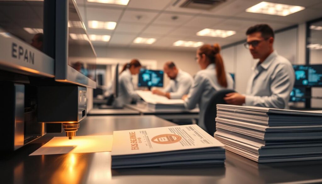 A pristine, well-lit office setting with advanced document processing equipment. In the foreground, a high-tech laser printer meticulously inscribing security details onto a blank passport page. Nearby, a stack of crisp, freshly minted identification documents, their surfaces gleaming under the warm glow of task lighting. In the middle ground, a team of skilled technicians carefully inspecting each item, ensuring the utmost quality and attention to detail. The background reveals a state-of-the-art document control station, with multiple computer screens displaying intricate security features. The overall atmosphere conveys a sense of precision, efficiency, and the pinnacle of comprehensive document services.