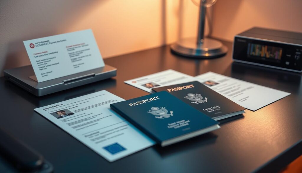 A professional and sleek-looking customer testimonial display, featuring high-tech laser-printed documents like passports and ID cards arranged neatly on a modern, minimalist desk. Soft, warm lighting casts a sophisticated glow, highlighting the attention to detail and high-quality presentation. The layout conveys a sense of reliability, efficiency, and satisfaction from the clients featured. The overall mood is one of professionalism, technology, and customer success.