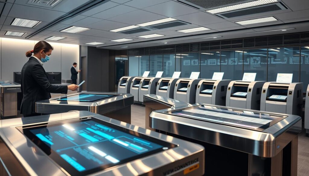 A professional, technologically-advanced office environment showcasing the intricate process of issuing resident permits. Gleaming metal counters and futuristic touchscreen displays dominate the foreground, as an employee assists a client in a seamless, efficient transaction. The background reveals a series of state-of-the-art printing stations, where specialized laser technology precision-crafts personalized documents. Soft, indirect lighting and a muted color palette convey a sense of modernity and sophistication. The overall scene embodies the ideal of a cutting-edge, streamlined resident permit service tailored to the needs of the modern global citizen.